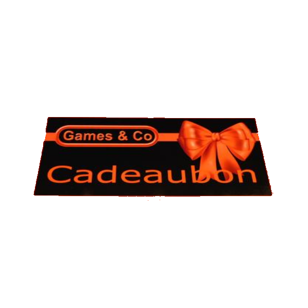 Cadeaubonnen gift card design from Games & Co with a vibrant orange bow on a black background.