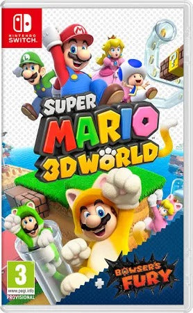 Cover of Super Mario 3D World + Bowser's Fury for Nintendo Switch featuring iconic characters.