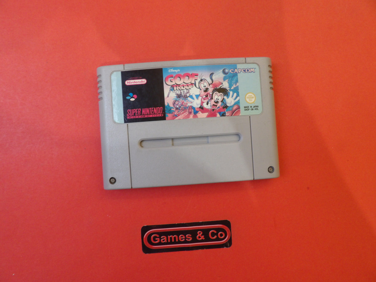 Goof Troop Super Nintendo cartridge on a red background with Games & Co logo.