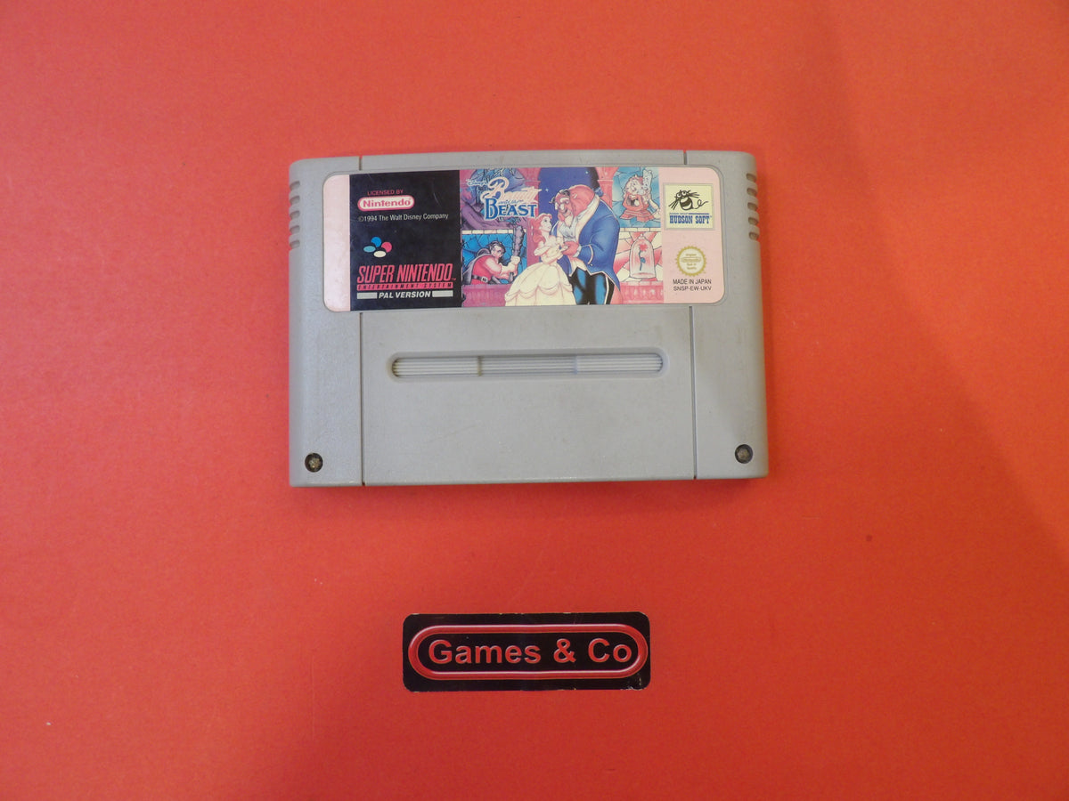 Beauty and the Beast Super Nintendo cartridge on a red background.