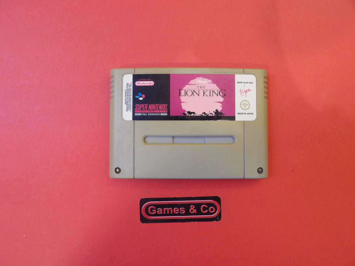Lion King Super Nintendo cartridge on a red background, showcasing the PAL version of the game.