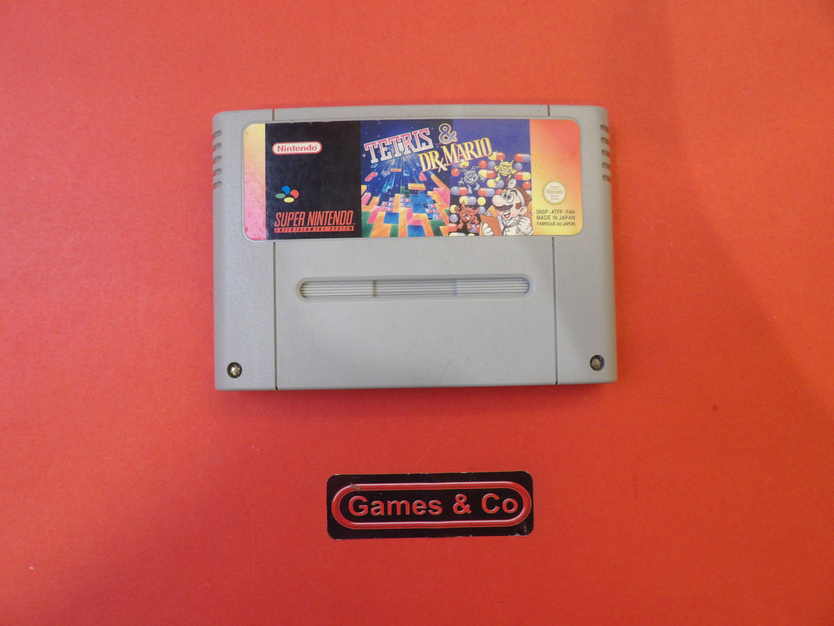 Tetris Dr. Mario Super Nintendo cartridge on a red background, showcasing the iconic game design.