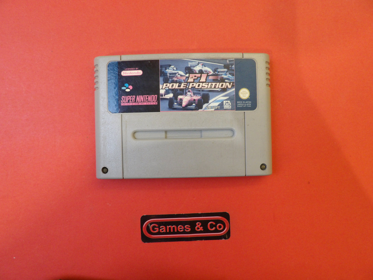 F1 Pole Position Super Nintendo cartridge shown against a red background, featuring the original label design.