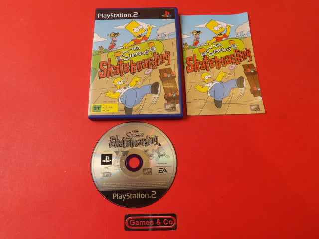 The Simpsons Skateboarding PS2 game disc and cover displayed on a red background.