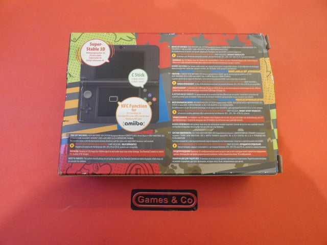 New Nintendo 3DS console with charger - back view showcasing features and specifications.