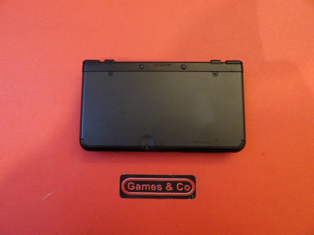 New Nintendo 3DS console with charger on a red background, showcasing the back view of the device.