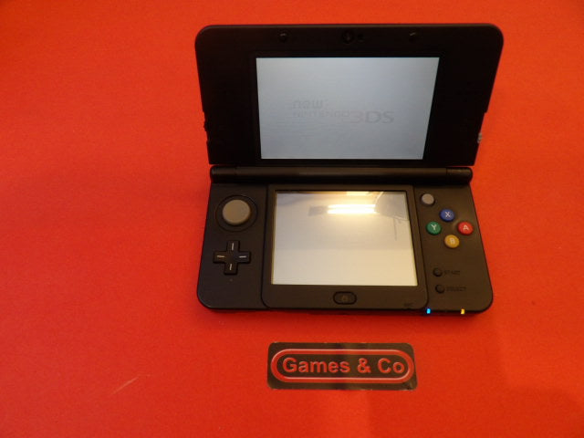 New Nintendo 3DS console with charger displayed on a red background.