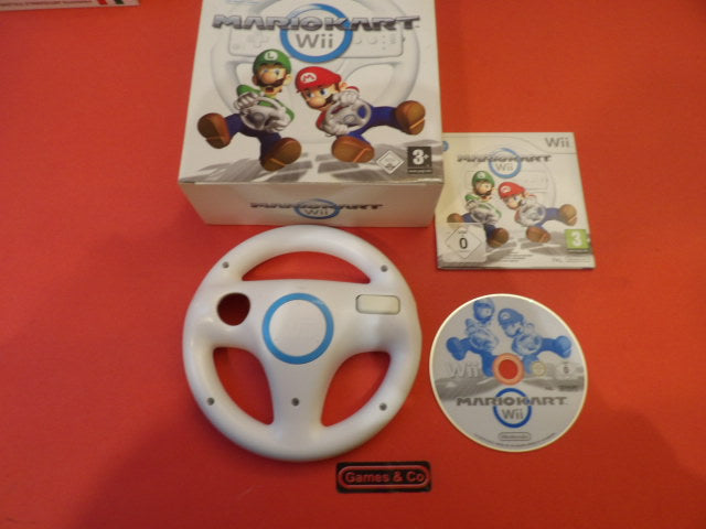 Nintendo WII steering wheel with Mario Kart in box and game disc.