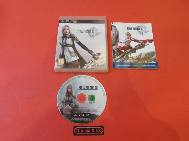 Final Fantasy XIII Playstation 3 disc displayed with case and booklet on a red background.