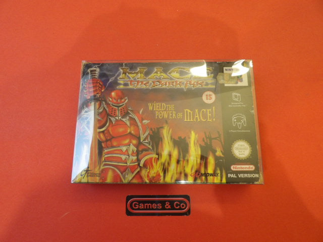 Mace The Dark Age Nintendo 64 game box featuring fiery graphics and a warrior wielding a powerful mace.