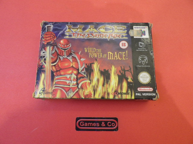 Mace The Dark Age Nintendo 64 game box showing artwork and branding on a red background.