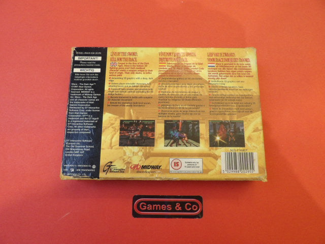 Mace The Dark Age Nintendo 64 game box back cover featuring gameplay screenshots and information.