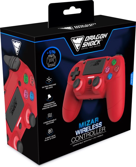 DragonShock - MIZAR BT - Draadloze Controller ROOD - Geschikt voor PS4, PC en Mobile