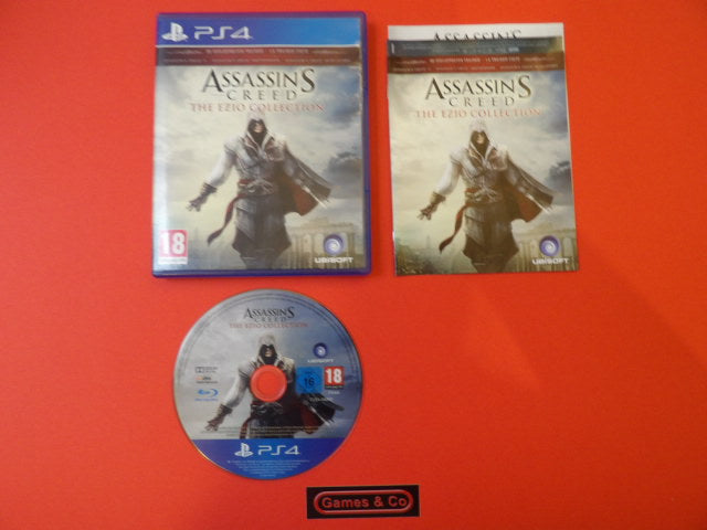 Image of Assassin's Creed The Ezio Collection - PS4 game case, booklet, and disc on a red background.