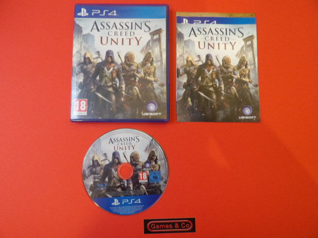 Assassin's Creed Unity PS4 disc and cover displayed on a red background.