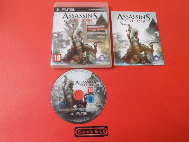 Assassin's Creed Playstation 3 disc with game case and manual on a red background.