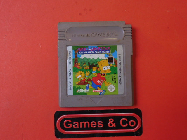 Bart Simpson Camp Deadly Gameboy cartridge on a red background with a logo underneath.