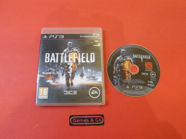 Battlefield 3 Playstation 3 disc with game case and disc on a red background.