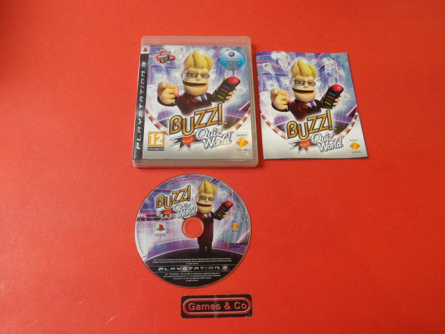 Buzz! Quiz World Playstation 3 game disc and cover on red background, krasvrij condition