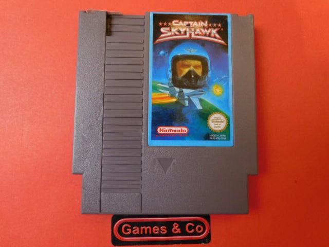 Captain Skyhawk NES cartridge on a red background, featuring the game's label and design.
