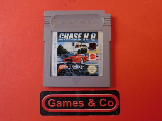 Chase H.Q. Gameboy cartridge on a red background showcasing classic video game design.