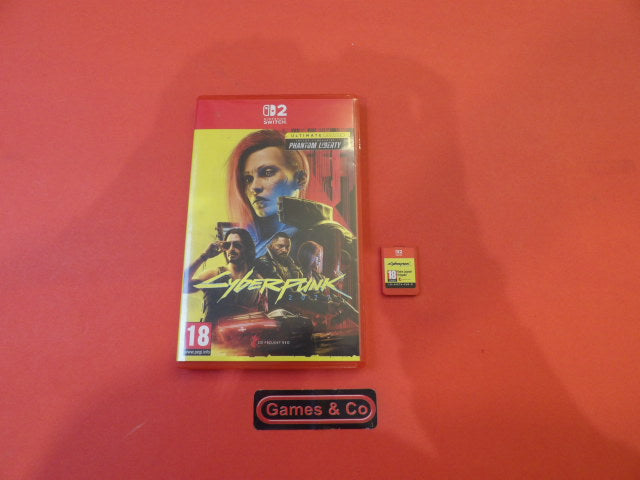Cyberpunk Nintendo Switch 2 game packaging and cartridge on a red background.