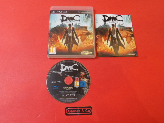 DMC Devil May Cry Playstation 3 disc with game cover and case on a red background.