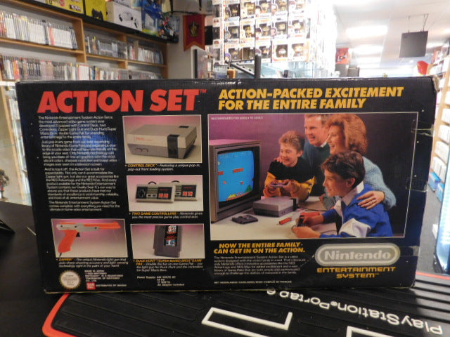 Nintendo NES Action Set console box featuring family play and game description.