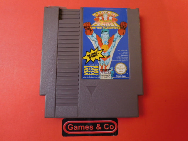 Captain Planet NES cartridge displayed on a red background with stickers and branding.
