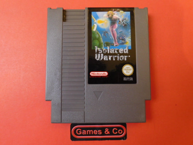 Isolated Warrior NES cartridge displayed on a red background, showcasing the classic game design.