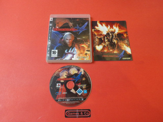Devil May Cry 4 Playstation 3 disc displayed with game case and manual on red background.