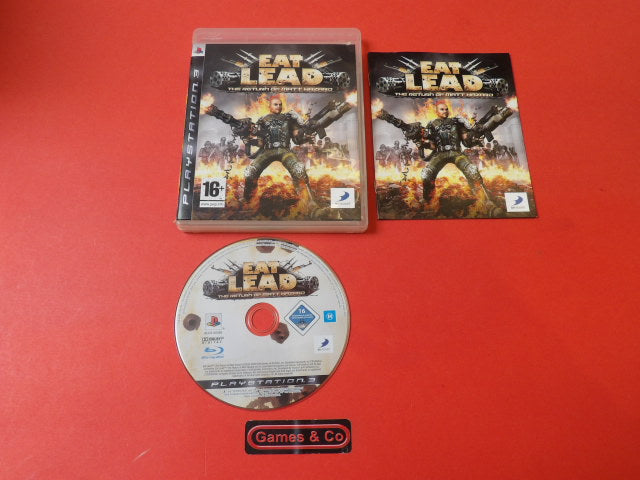 Playstation 3 Eat Lead game disc and cover art on a red background.