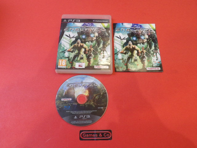 Enslaved PS3 game with disc and case on display against a red background.