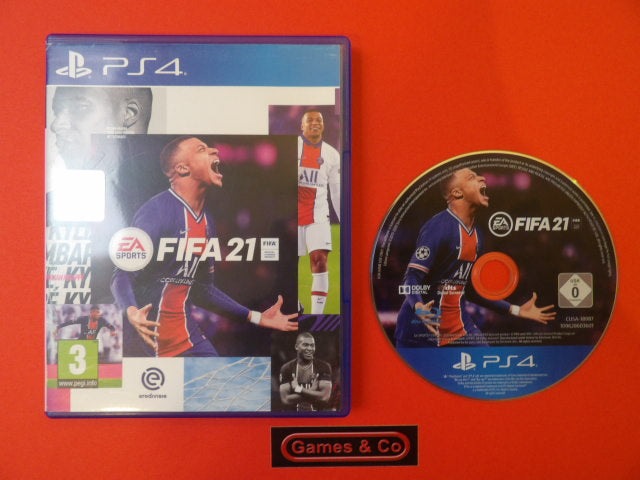 Fifa 21 PS4 game disc with cover art, showing vibrant graphics and player imagery.