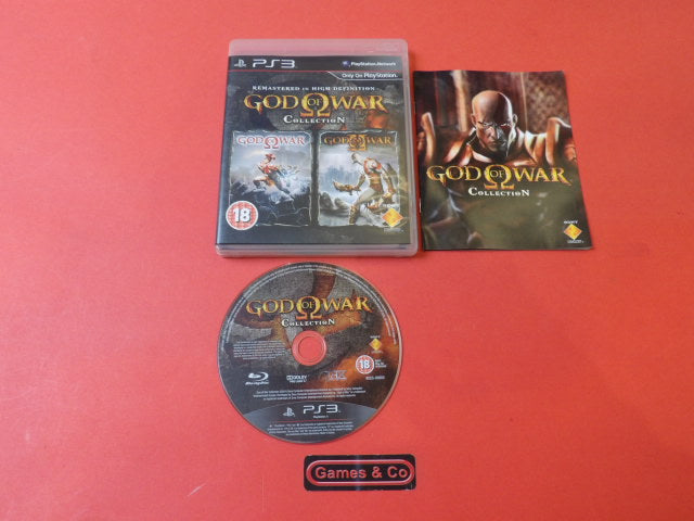 God of War Collection PS3 game disc and cover on a red background, krasvrij condition