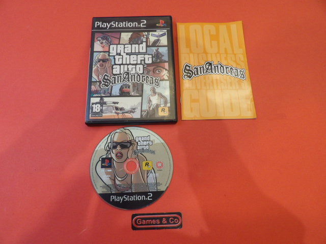 Grand Theft Auto San Andreas PS2 game disc and cover displayed on an orange background.
