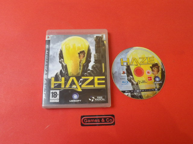 Haze Playstation 3 disc shown with its case on a red background, featuring vibrant graphics and clear details.