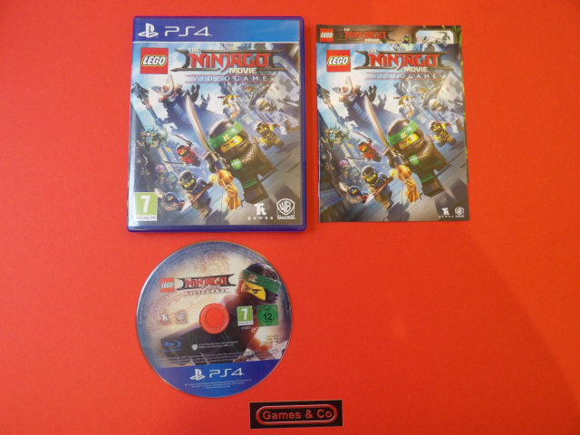Lego Ninjago Movie PS4 game disc and cover displayed on a red background.