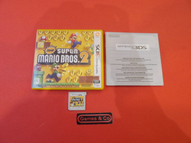 New Super Mario Bros. 2 Nintendo 3DS game cover and cartridge on red background.