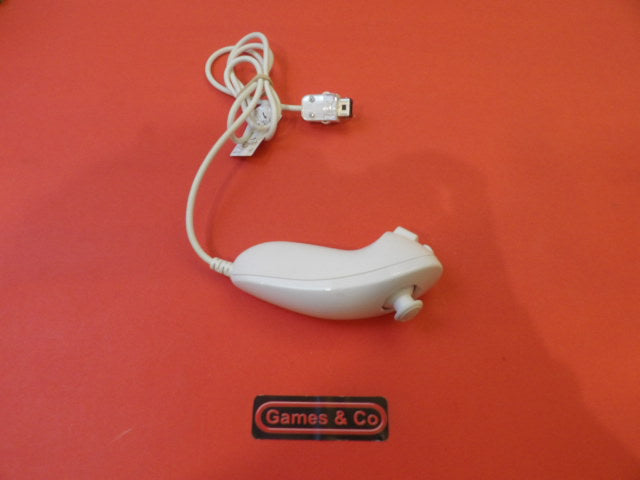 Nunchuck Controller for Nintendo Wii on a red background, showcasing its ergonomic design and connectivity.