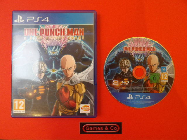 One Punch Man PS4 game cover and disc showcasing characters and action, vibrant design.