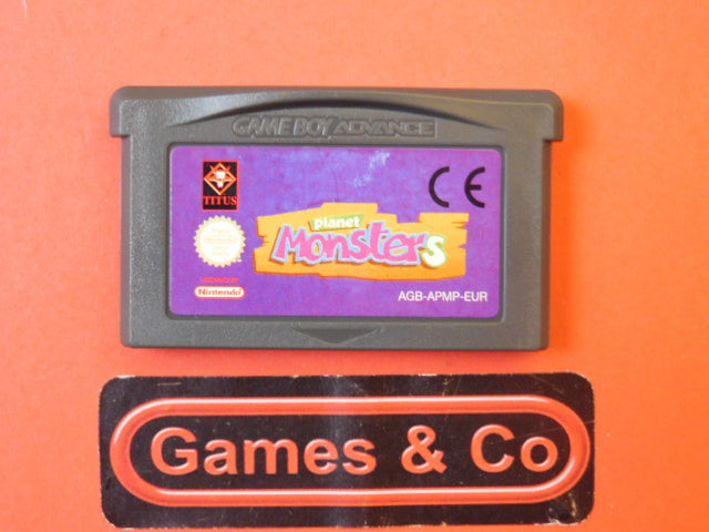 Planet Monsters Gameboy Advance cartridge on a vibrant background, showcasing the game label and details.