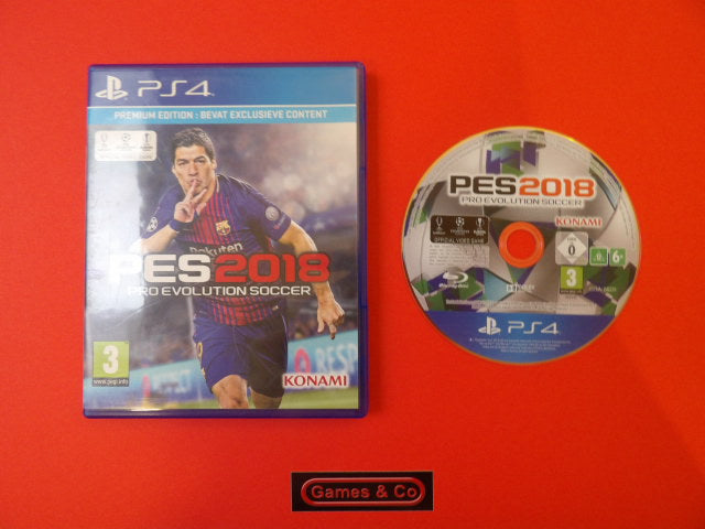 Pro Evolution Soccer 2018 PS4 disc featuring cover art and game disc.