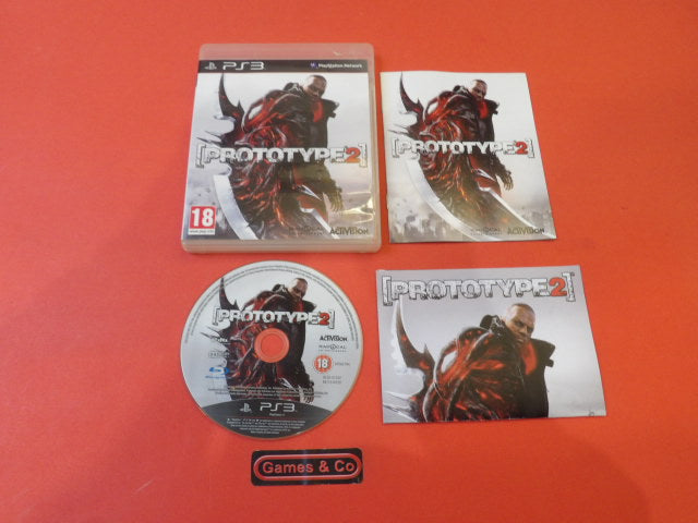 Prototype 2 game disc for Playstation 3 and its case with booklet on a red background.