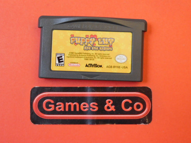 Nintendo Gameboy Advance Puppy Luv cartridge on a red background with Games & Co logo.