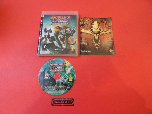 Ratchet and Clank Quest for Booty PS3 disc with case and booklet on red background.