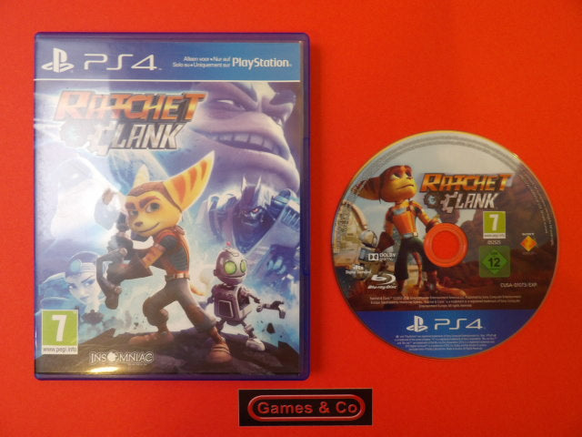 Ratchet and Clank PS4 game cover and disc on a red background