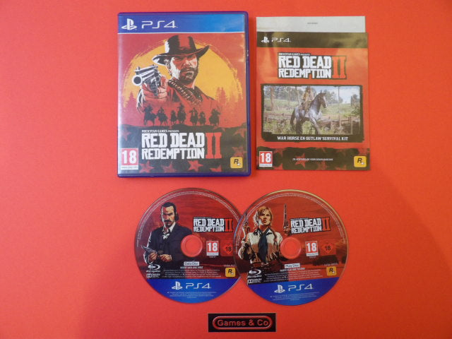 Red Dead Redemption II PS4 game displayed with case, two discs, and manual on a red background.