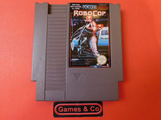 Robocop NES PAL cartridge featuring the game cover and cartridge design, stored on a red background.