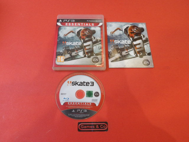 Skate 3 Playstation 3 game disc displayed with case and booklet on a red background